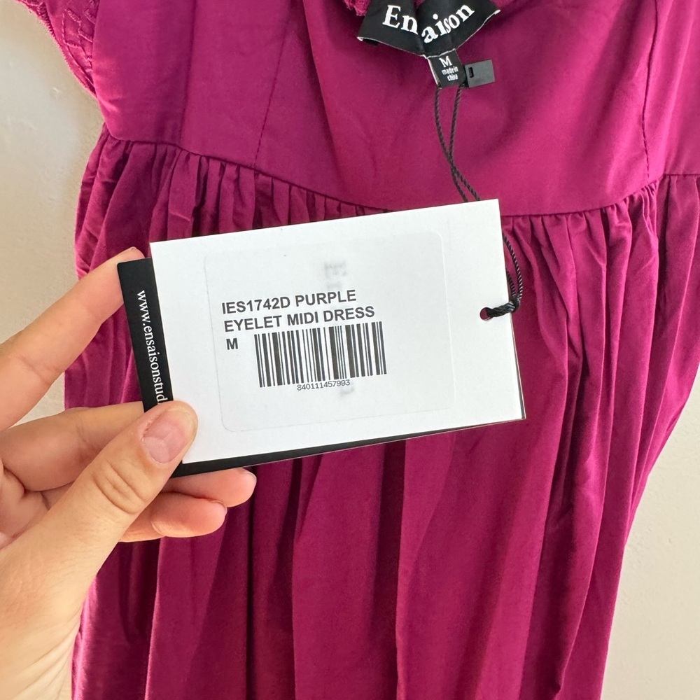 En Saison Eyelet Puff Sleeve Midi Dress M Magenta Cottagecore Romantic - Picture 9 of 10